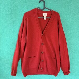 Vtg LL Bean Red Lambswool Cardigan Sweater V-Neck Leather Buttons Grandpacore